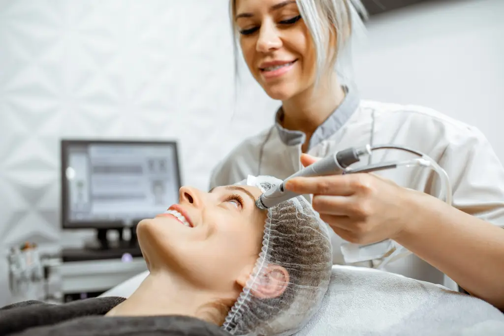 Practitioner carrying out a facial skin treatment on a client, Dermaroller therapy at Dulwich Natural Beauty